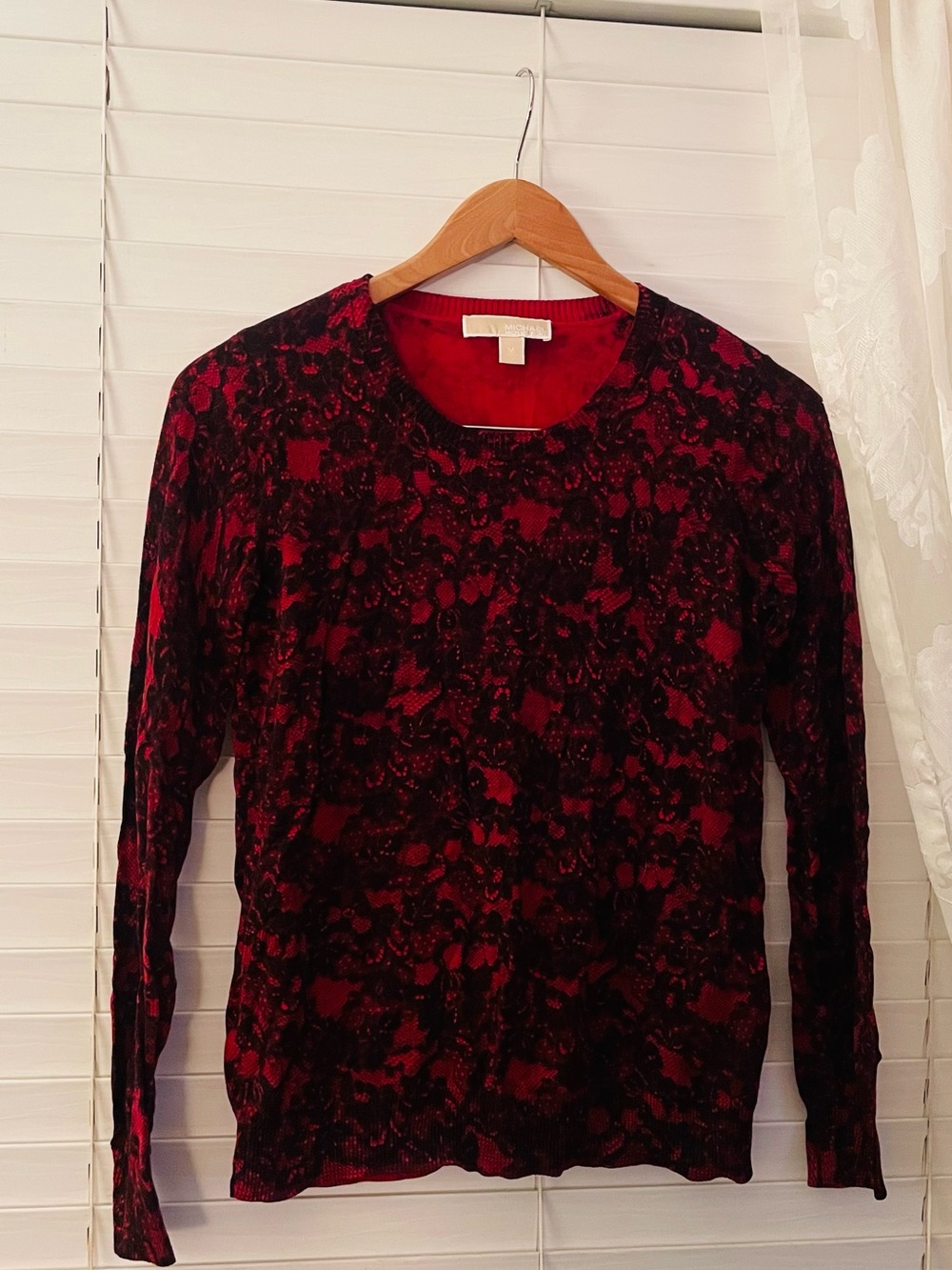 Michael Kors Red and Black Lace-Effect Long Sleeve Tee
